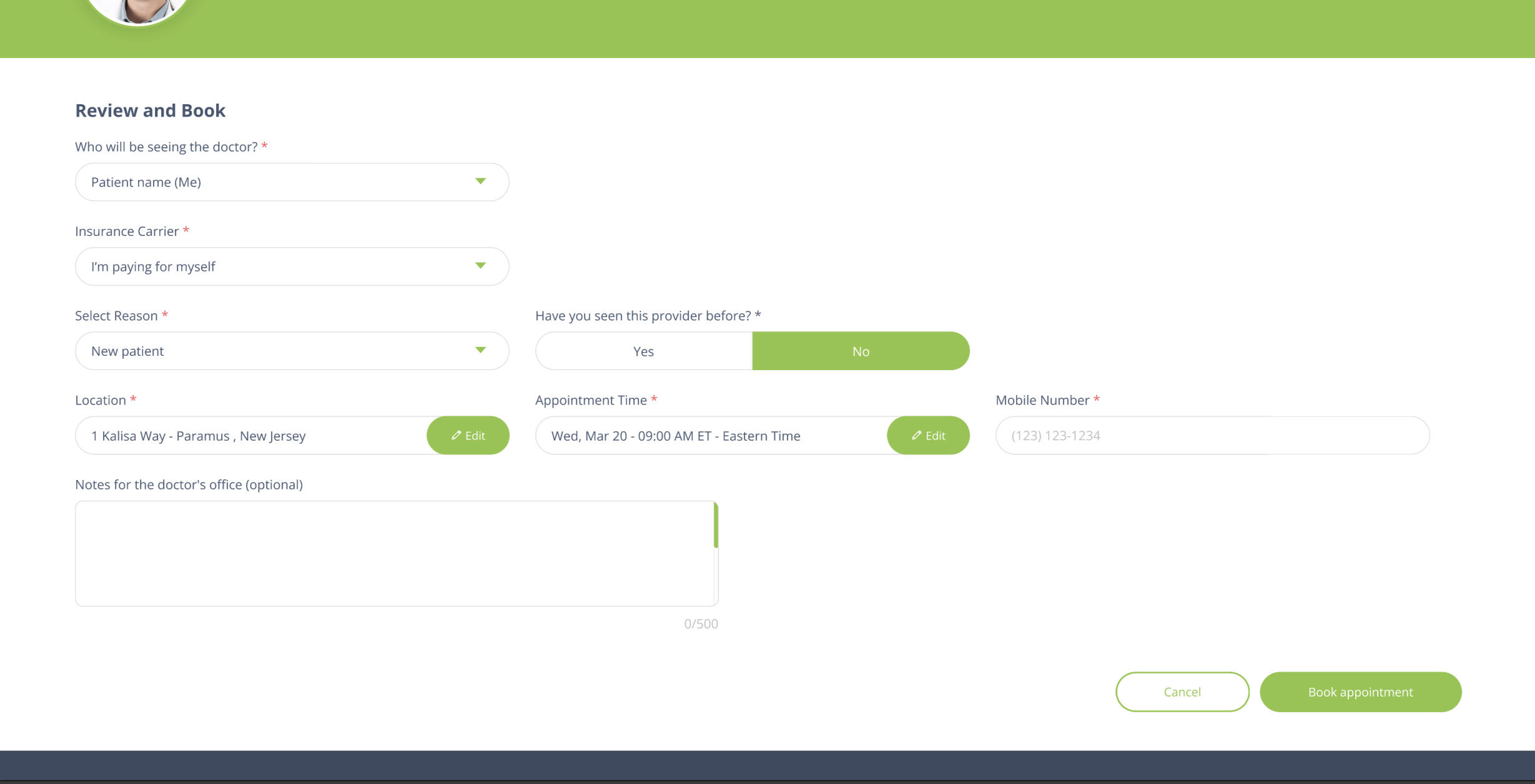 Booking page—before